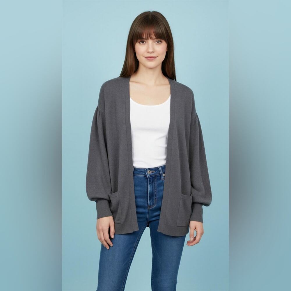 Hinge Gray Balloon Sleeve Open Front Cardigan Sweater Size M - Picture 2 of 11